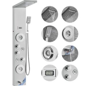 shower panel system, 6 shower modes, led & display shower panel tower, rainfall, waterfall, 4 body massage jets, tub spout, handheld shower head 59" hose, stainless steel wall mounted shower set