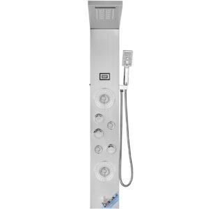shower panel system, 6 shower modes, led & display shower panel tower, rainfall, waterfall, 4 body massage jets, tub spout, handheld shower head 59" hose, stainless steel wall mounted shower set