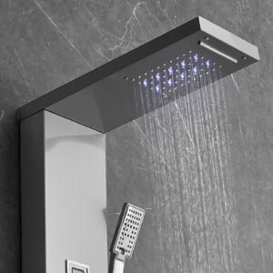 shower panel system, 6 shower modes, led & display shower panel tower, rainfall, waterfall, 4 body massage jets, tub spout, handheld shower head 59" hose, stainless steel wall mounted shower set