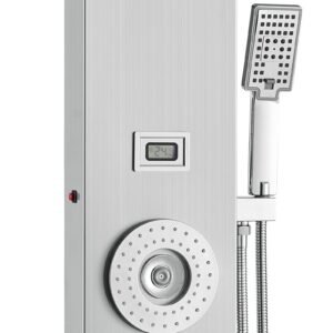 shower panel system, 6 shower modes, led & display shower panel tower, rainfall, waterfall, 4 body massage jets, tub spout, handheld shower head 59" hose, stainless steel wall mounted shower set