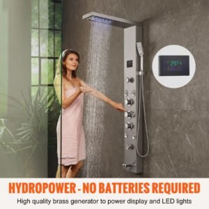 shower panel system, 6 shower modes, led & screen hydroelectricity shower panel tower, rainfall, waterfall, 5 massage jets, tub spout, handheld shower, stainless steel wall mounted shower set