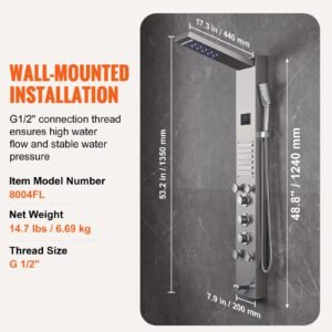shower panel system, 6 shower modes, led & screen hydroelectricity shower panel tower, rainfall, waterfall, 5 massage jets, tub spout, handheld shower, stainless steel wall mounted shower set