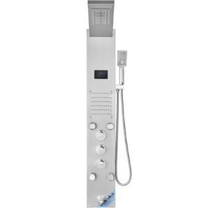shower panel system, 6 shower modes, led & screen hydroelectricity shower panel tower, rainfall, waterfall, 5 massage jets, tub spout, handheld shower, stainless steel wall mounted shower set