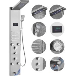 shower panel system, 6 shower modes, led & screen hydroelectricity shower panel tower, rainfall, waterfall, 5 massage jets, tub spout, handheld shower, stainless steel wall mounted shower set