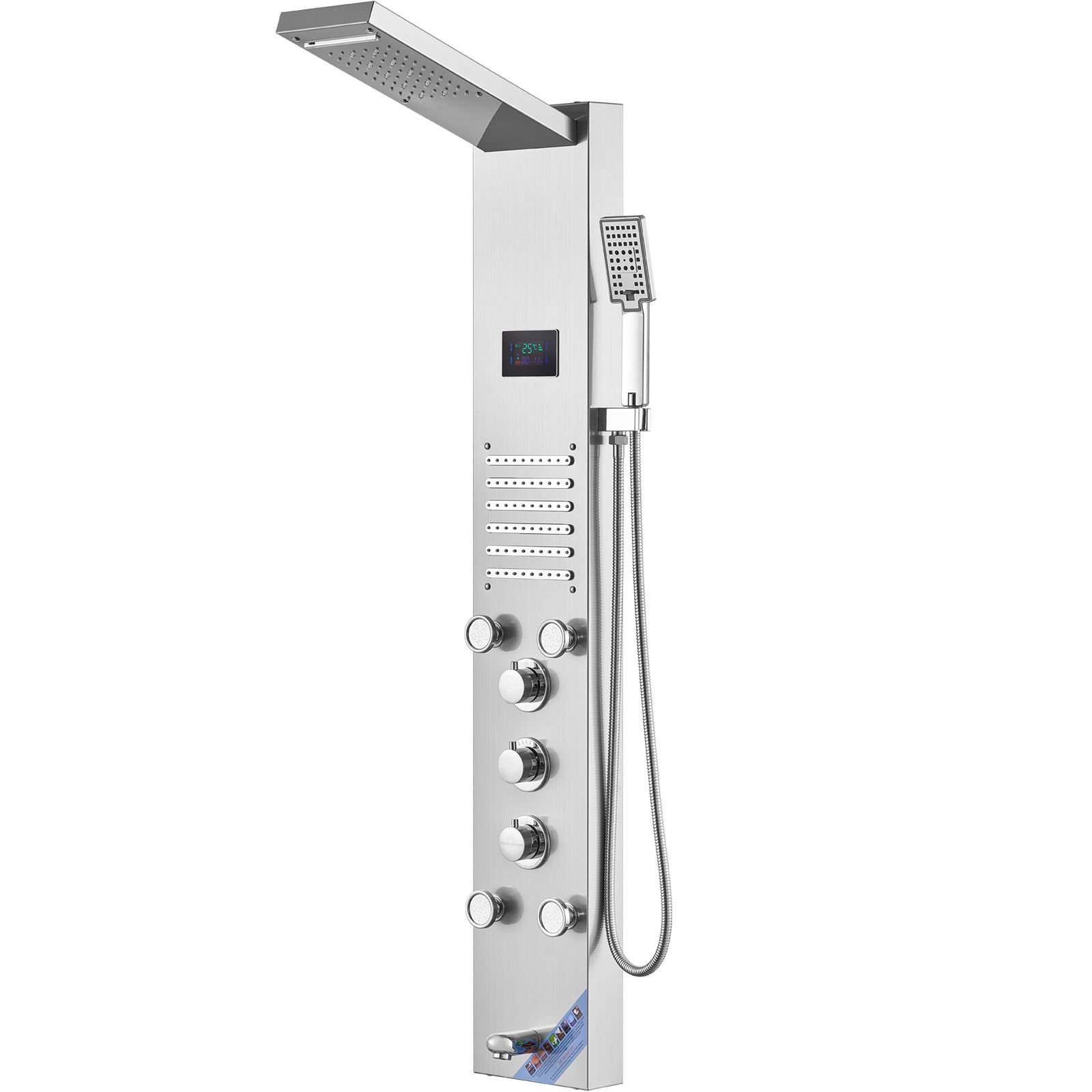 shower panel system, 6 shower modes, led & screen hydroelectricity shower panel tower, rainfall, waterfall, 5 massage jets, tub spout, handheld shower, stainless steel wall mounted shower set