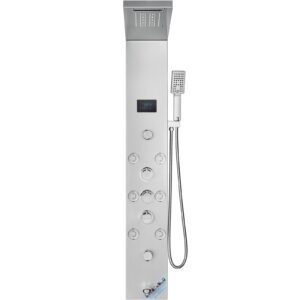 shower panel system, 6 shower modes, led & screen hydroelectricity shower panel tower, rainfall, waterfall, 8 massage jets, tub spout, handheld shower, stainless steel wall mounted shower set