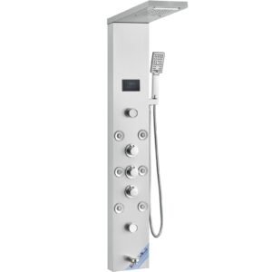 shower panel system, 6 shower modes, led & screen hydroelectricity shower panel tower, rainfall, waterfall, 8 massage jets, tub spout, handheld shower, stainless steel wall mounted shower set