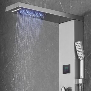 shower panel system, 6 shower modes, led & screen hydroelectricity shower panel tower, rainfall, waterfall, 8 massage jets, tub spout, handheld shower, stainless steel wall mounted shower set