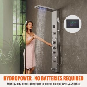 shower panel system, 6 shower modes, led & screen hydroelectricity shower panel tower, rainfall, waterfall, 8 massage jets, tub spout, handheld shower, stainless steel wall mounted shower set