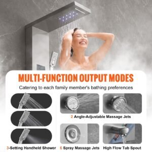 shower panel system, 6 shower modes, led & screen hydroelectricity shower panel tower, rainfall, waterfall, 8 massage jets, tub spout, handheld shower, stainless steel wall mounted shower set