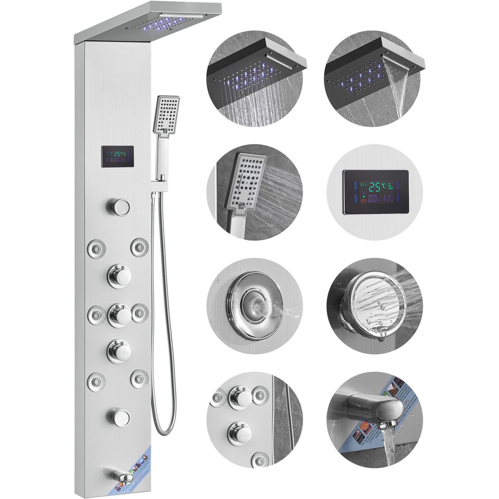 shower panel system, 6 shower modes, led & screen hydroelectricity shower panel tower, rainfall, waterfall, 8 massage jets, tub spout, handheld shower, stainless steel wall mounted shower set