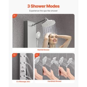 shower panel tower system with rainfall shower head, 49 in brushed stainless steel shower column, 3 function faucet, high pressure wall mount rain massage system with 6 body jets and handheld