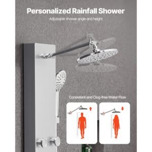 shower panel tower system with rainfall shower head, 49 in brushed stainless steel shower column, 3 function faucet, high pressure wall mount rain massage system with 6 body jets and handheld