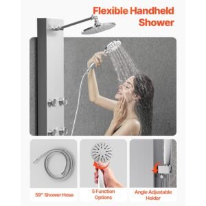 shower panel tower system with rainfall shower head, 49 in brushed stainless steel shower column, 3 function faucet, high pressure wall mount rain massage system with 6 body jets and handheld