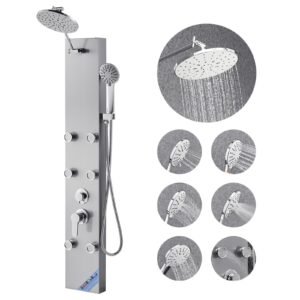 Shower Panel Tower System with Rainfall Shower Head, 49 in Brushed Stainless Steel Shower Column, 3-Function Faucet, High Pressure Wall-Mount Rain Massage System with 6 Body Jets and Handheld