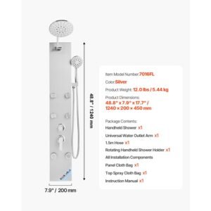 shower panel tower system with rainfall shower head, 49 in brushed stainless steel shower column, 3 function faucet, high pressure wall mount rain massage system with 6 body jets and handheld