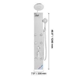 shower panel tower system with rainfall shower head, 49 in brushed stainless steel shower column, 3 function faucet, high pressure wall mount rain massage system with 6 body jets and handheld