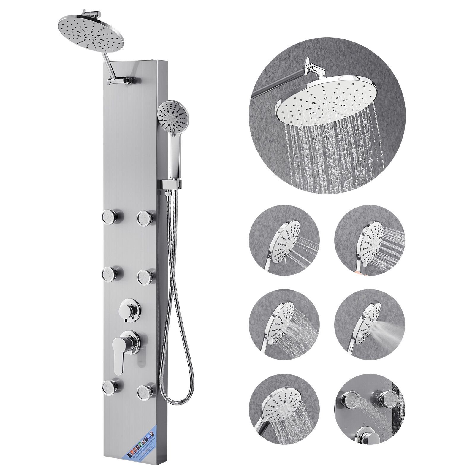 shower panel tower system with rainfall shower head, 49 in brushed stainless steel shower column, 3 function faucet, high pressure wall mount rain massage system with 6 body jets and handheld