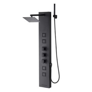 Shower Panel Tower System with Rainfall Shower Head, 49 in Brushed Stainless Steel Shower Column, 4-Function Faucet, Wall-Mount Rain Massage System, with 4 Body Jets, Handheld, and Tub Spout