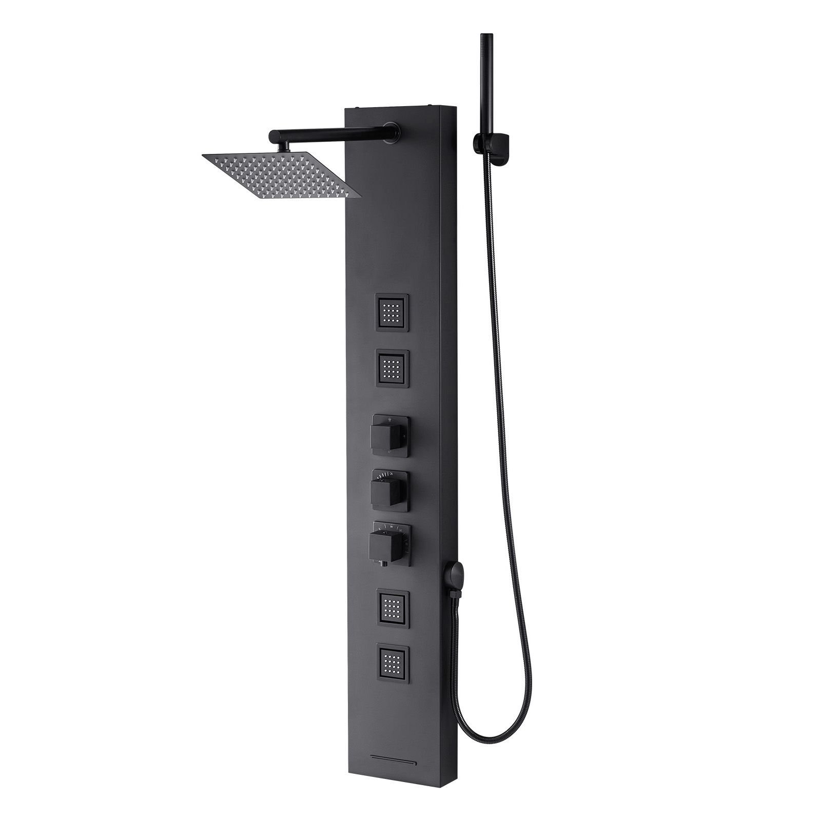 shower panel tower system with rainfall shower head, 49 in brushed stainless steel shower column, 4 function faucet, wall mount rain massage system, with 4 body jets, handheld, and tub spout