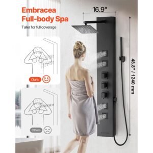 shower panel tower system with rainfall shower head, 49 in brushed stainless steel shower column, 4 function faucet, wall mount rain massage system, with 4 body jets, handheld, and tub spout
