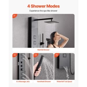 shower panel tower system with rainfall shower head, 49 in brushed stainless steel shower column, 4 function faucet, wall mount rain massage system, with 4 body jets, handheld, and tub spout