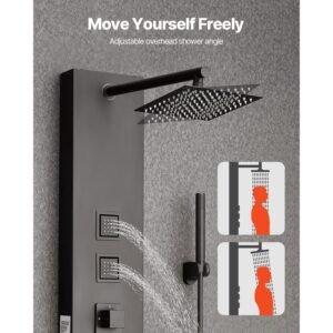 shower panel tower system with rainfall shower head, 49 in brushed stainless steel shower column, 4 function faucet, wall mount rain massage system, with 4 body jets, handheld, and tub spout