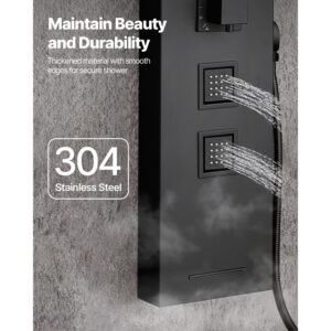 shower panel tower system with rainfall shower head, 49 in brushed stainless steel shower column, 4 function faucet, wall mount rain massage system, with 4 body jets, handheld, and tub spout