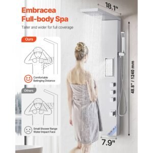 shower panel tower system with rainfall shower head, 53 in brushed stainless steel shower column, 3 function faucet, high pressure wall mount rain massage system, with large body jet, handheld