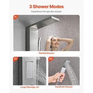 shower panel tower system with rainfall shower head, 53 in brushed stainless steel shower column, 3 function faucet, high pressure wall mount rain massage system, with large body jet, handheld
