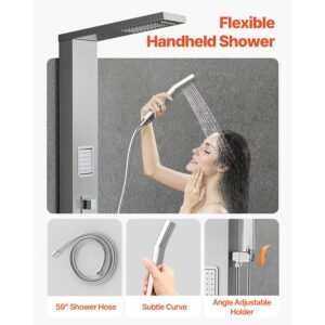 shower panel tower system with rainfall shower head, 53 in brushed stainless steel shower column, 3 function faucet, high pressure wall mount rain massage system, with large body jet, handheld