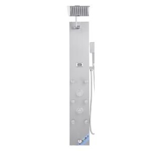 shower panel tower system with rainfall shower head, led, 49 in brushed stainless steel shower column, 4 function faucet, wall mount rain massage system with 6 body jets, handheld, and tub spout