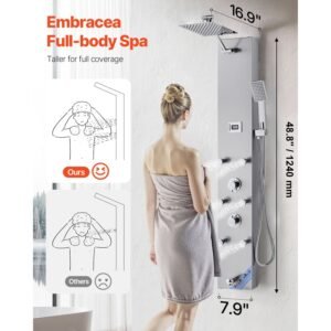 shower panel tower system with rainfall shower head, led, 49 in brushed stainless steel shower column, 4 function faucet, wall mount rain massage system with 6 body jets, handheld, and tub spout