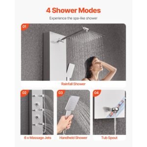 shower panel tower system with rainfall shower head, led, 49 in brushed stainless steel shower column, 4 function faucet, wall mount rain massage system with 6 body jets, handheld, and tub spout