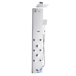 Shower Panel Tower System with Rainfall Shower Head, LED, 49 in Brushed Stainless Steel Shower Column, 4-Function Faucet, Wall-Mount Rain Massage System with 6 Body Jets, Handheld, and Tub Spout