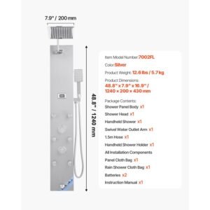 shower panel tower system with rainfall shower head, led, 49 in brushed stainless steel shower column, 4 function faucet, wall mount rain massage system with 6 body jets, handheld, and tub spout