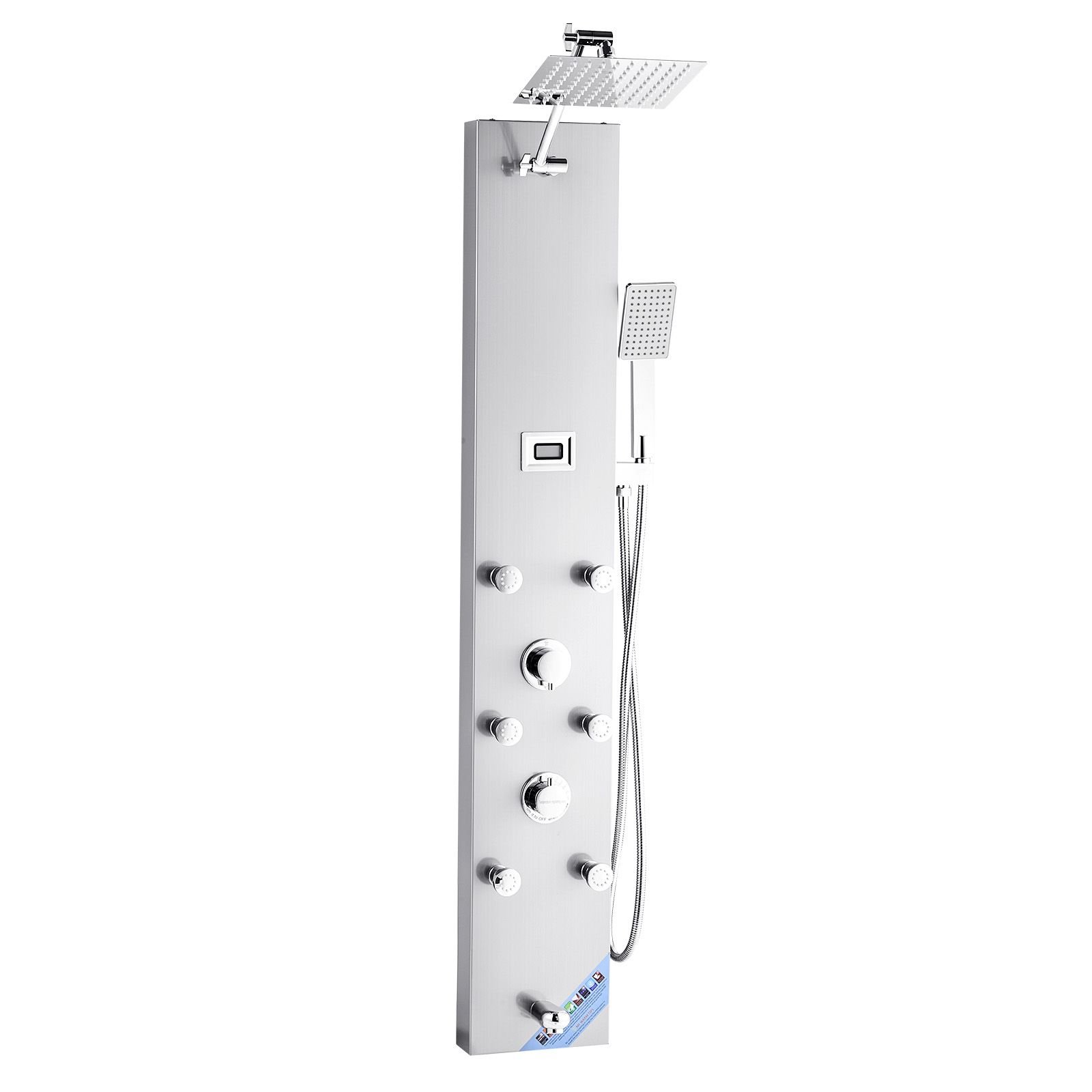 shower panel tower system with rainfall shower head, led, 49 in brushed stainless steel shower column, 4 function faucet, wall mount rain massage system with 6 body jets, handheld, and tub spout
