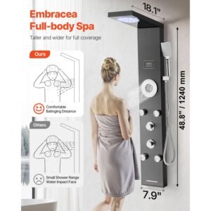 shower panel tower system with rainfall shower head, led, 53 in brushed stainless steel shower column, 6 function faucet, wall mount rain massage system with 5 body jets, handheld, tub spout