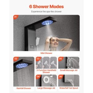 shower panel tower system with rainfall shower head, led, 53 in brushed stainless steel shower column, 6 function faucet, wall mount rain massage system with 5 body jets, handheld, tub spout