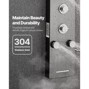 shower panel tower system with rainfall shower head, led, 53 in brushed stainless steel shower column, 6 function faucet, wall mount rain massage system with 5 body jets, handheld, tub spout