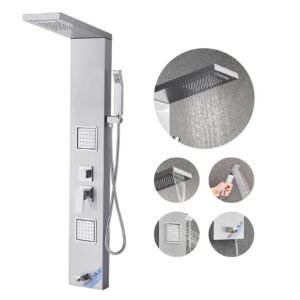 Shower Panel Tower System with Rainfall Waterfall Shower Head, 53 in Brushed Stainless Steel Shower Column, 5-Function Faucet, Wall-Mount Rain Massage System with 2 Body Jet, Handheld, Tub Spout