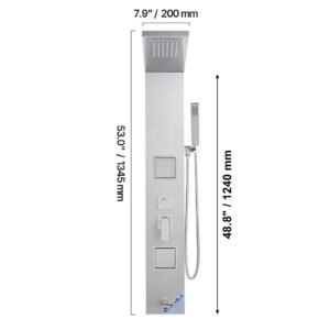 shower panel tower system with rainfall waterfall shower head, 53 in brushed stainless steel shower column, 5 function faucet, wall mount rain massage system with 2 body jet, handheld, tub spout