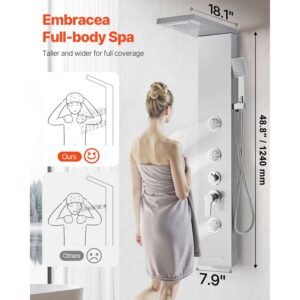 shower panel tower system with rainfall waterfall shower head, 53 in brushed stainless steel shower column, 5 function faucet, wall mount rain massage system with 3 body jet, handheld, tub spout