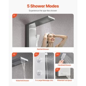 shower panel tower system with rainfall waterfall shower head, 53 in brushed stainless steel shower column, 5 function faucet, wall mount rain massage system with 3 body jet, handheld, tub spout