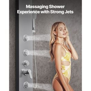 shower panel tower system with rainfall waterfall shower head, 53 in brushed stainless steel shower column, 5 function faucet, wall mount rain massage system with 3 body jet, handheld, tub spout