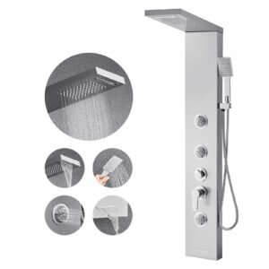 Shower Panel Tower System with Rainfall Waterfall Shower Head, 53 in Brushed Stainless Steel Shower Column, 5-Function Faucet, Wall-Mount Rain Massage System with 3 Body Jet, Handheld, Tub Spout