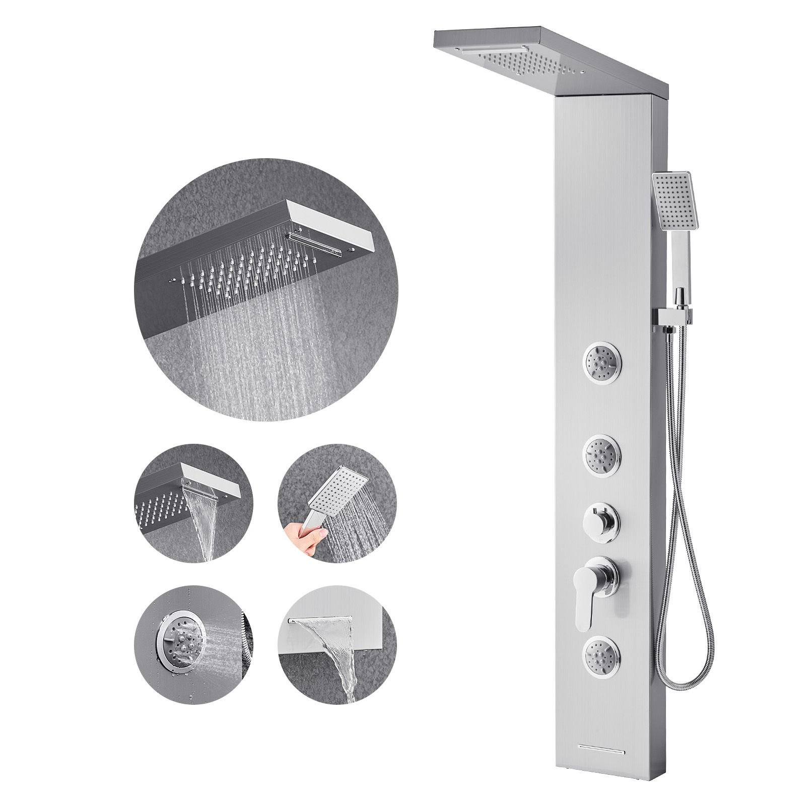 shower panel tower system with rainfall waterfall shower head, 53 in brushed stainless steel shower column, 5 function faucet, wall mount rain massage system with 3 body jet, handheld, tub spout