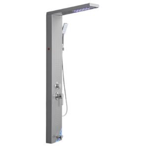 shower panel tower system with rainfall waterfall shower head, led, 53 in brushed stainless steel shower column, 5 function faucet, wall mount rain massage system, with handheld, tub spout