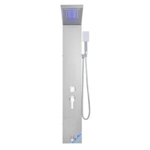 shower panel tower system with rainfall waterfall shower head, led, 53 in brushed stainless steel shower column, 5 function faucet, wall mount rain massage system, with handheld, tub spout