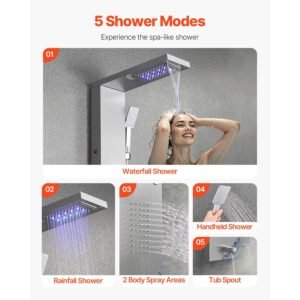 shower panel tower system with rainfall waterfall shower head, led, 53 in brushed stainless steel shower column, 5 function faucet, wall mount rain massage system, with handheld, tub spout